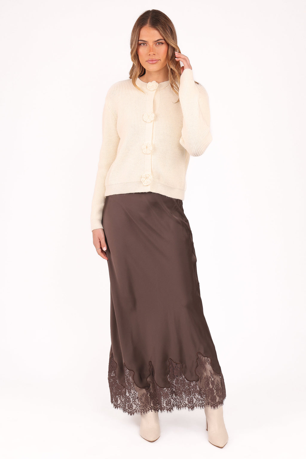 Alice Lace Trim Midi Skirt - Brown