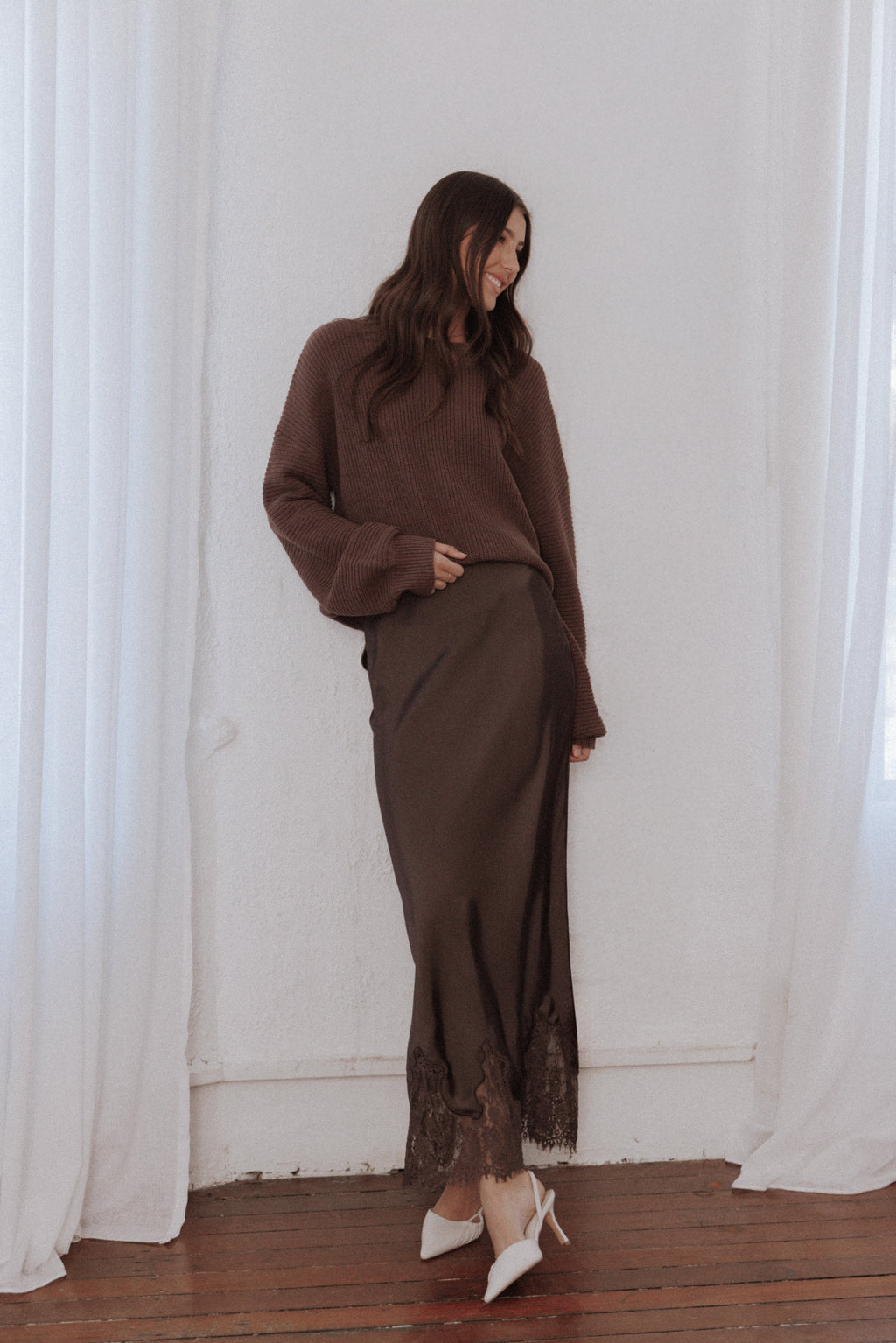 Alice Lace Trim Midi Skirt - Brown