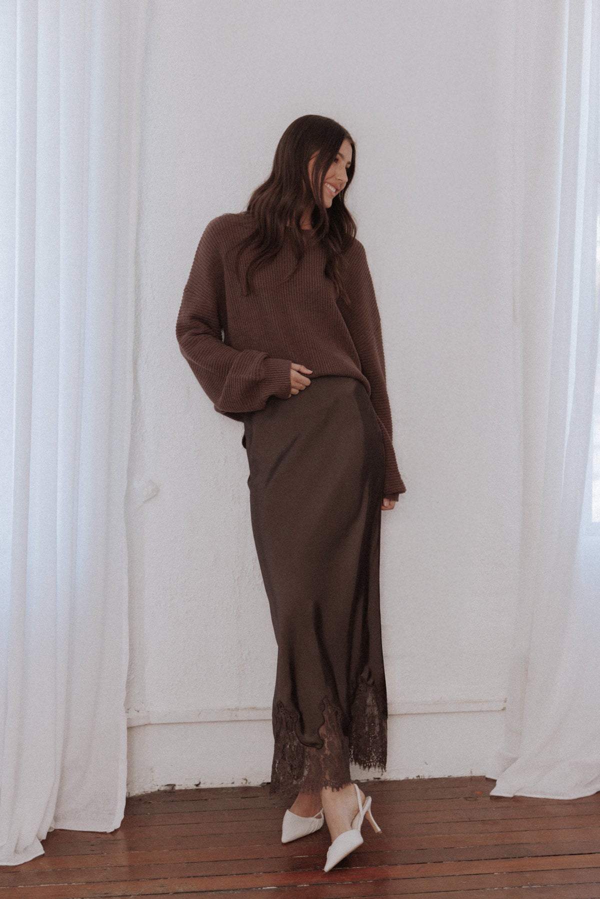Alice Lace Trim Midi Skirt - Brown