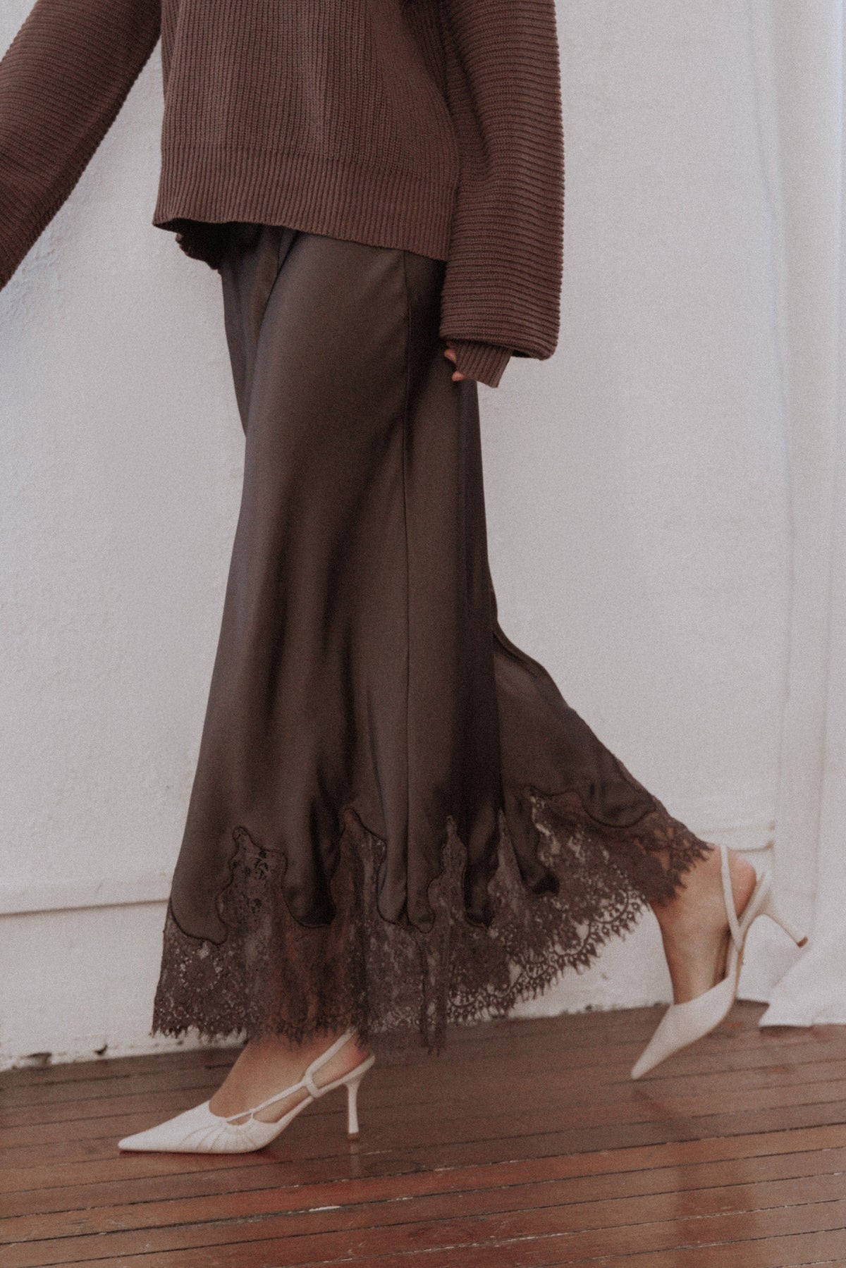 Alice Lace Trim Midi Skirt - Brown