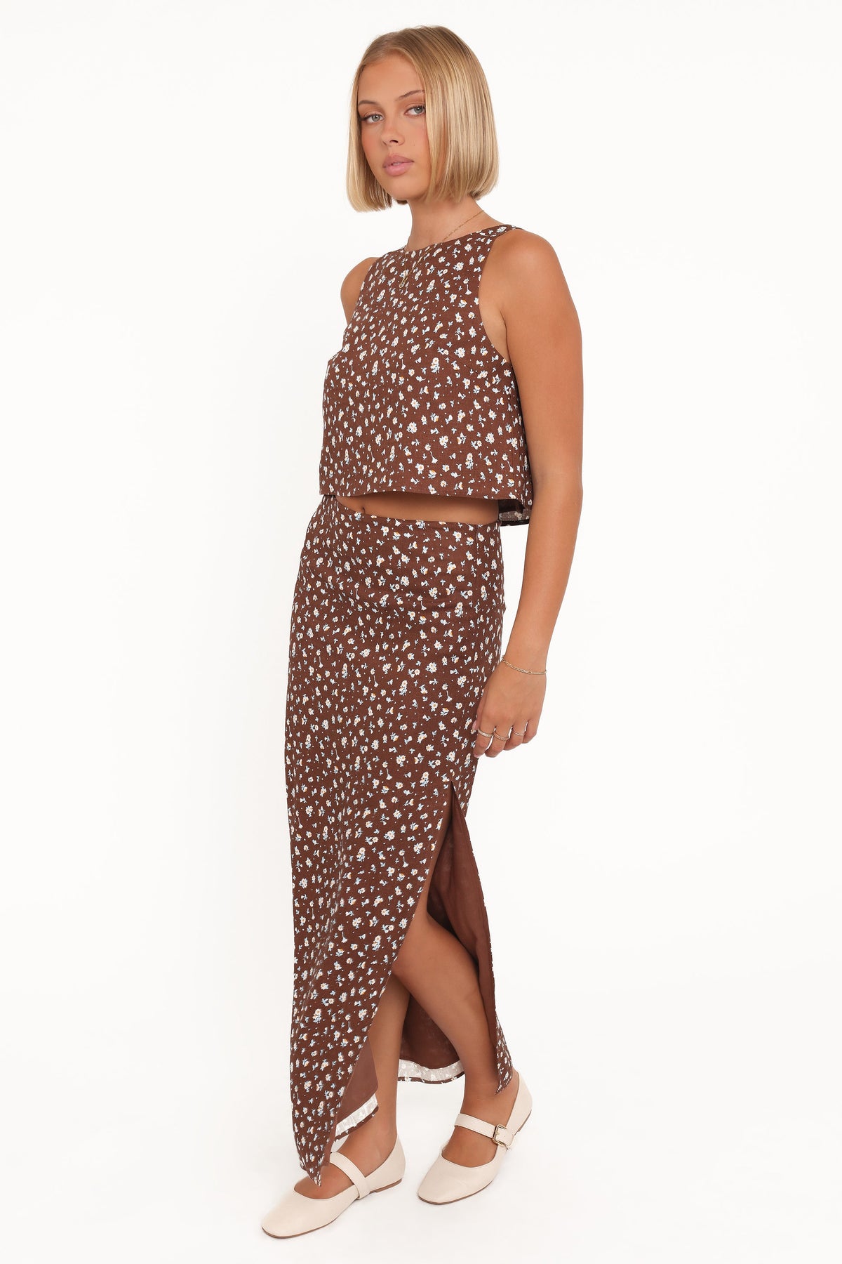 Lisanne Linen Column Skirt - Brown Floral