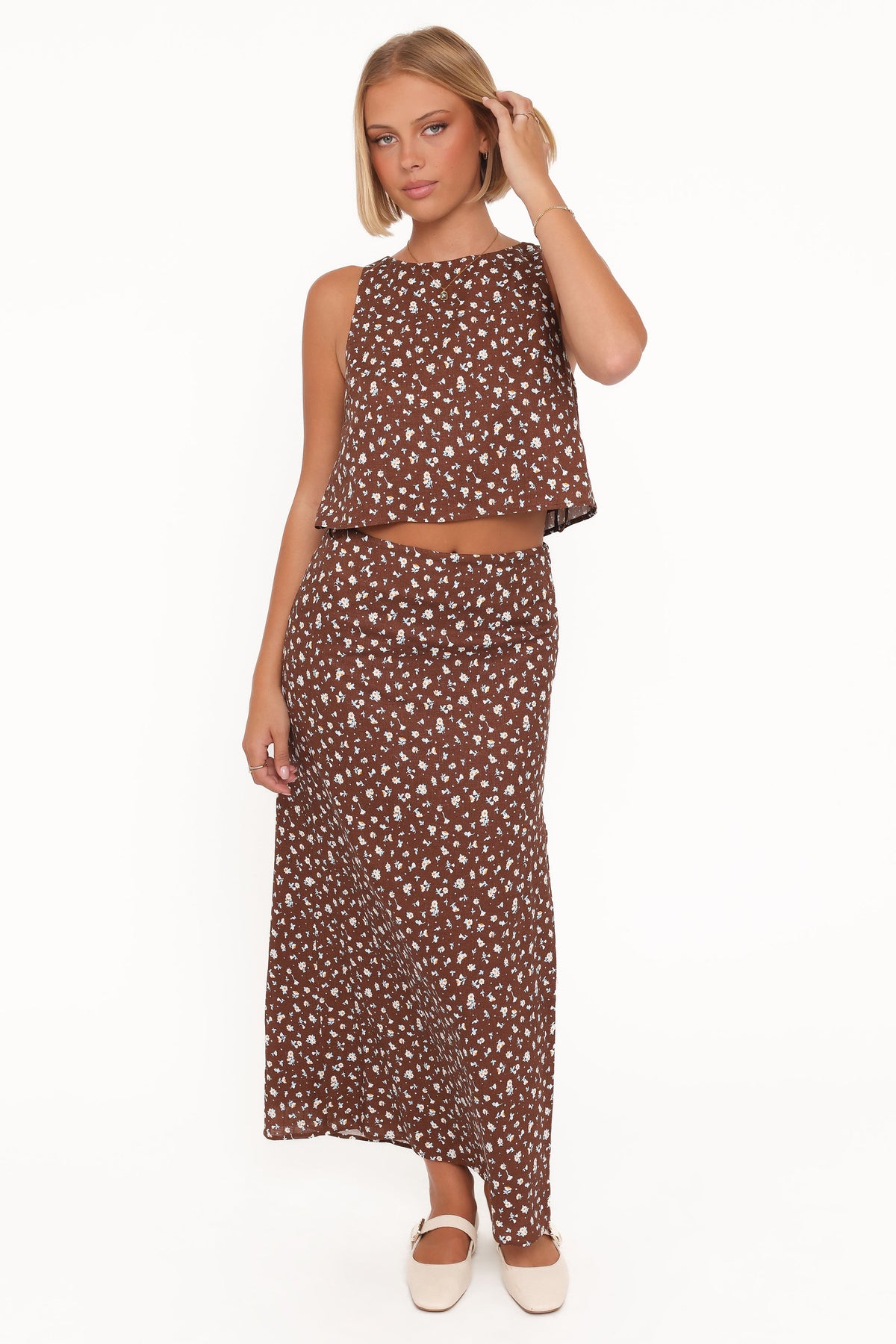 Lisanne Linen Column Skirt - Brown Floral