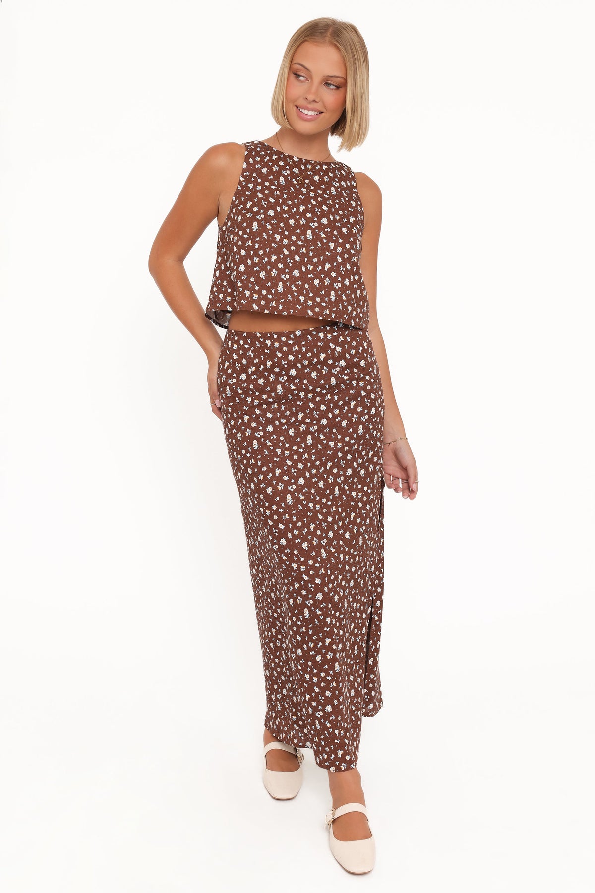 Lisanne Linen Column Skirt - Brown Floral