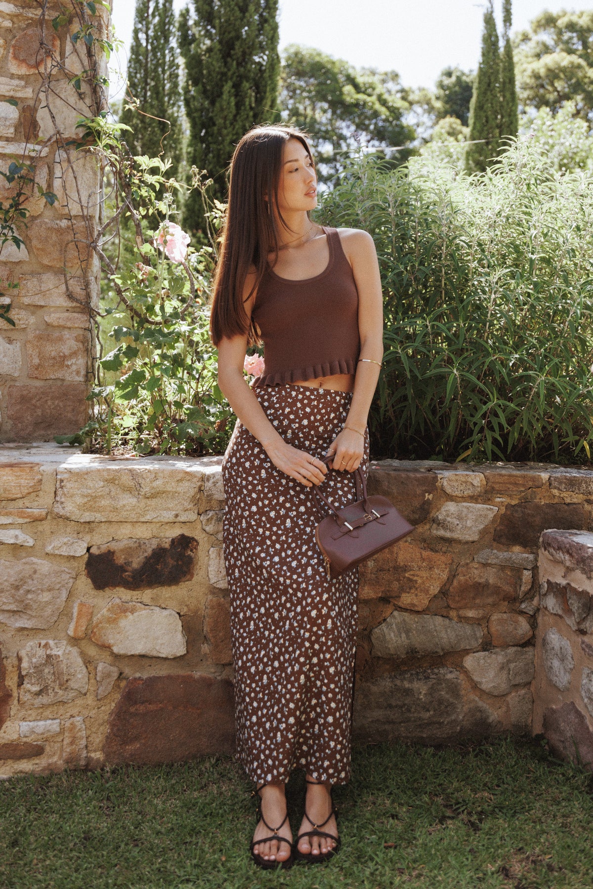 Lisanne Linen Column Skirt - Brown Floral