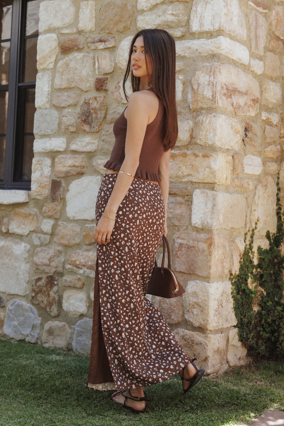 Lisanne Linen Column Skirt - Brown Floral