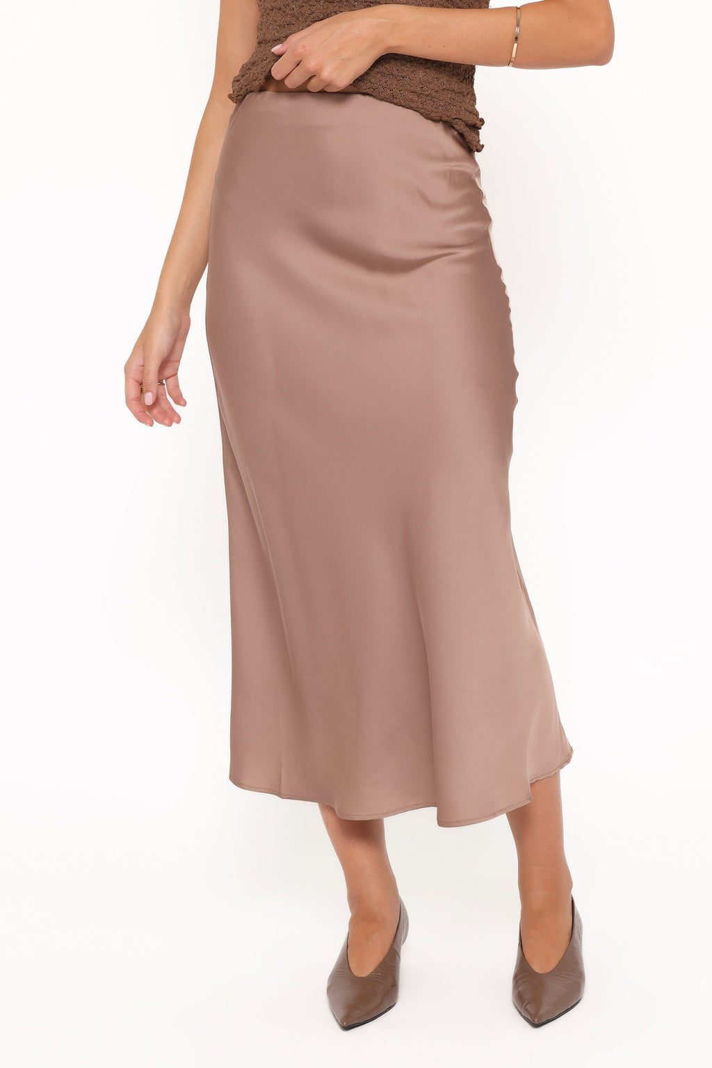 Natalia Satin Midi Skirt - Mocha Brown