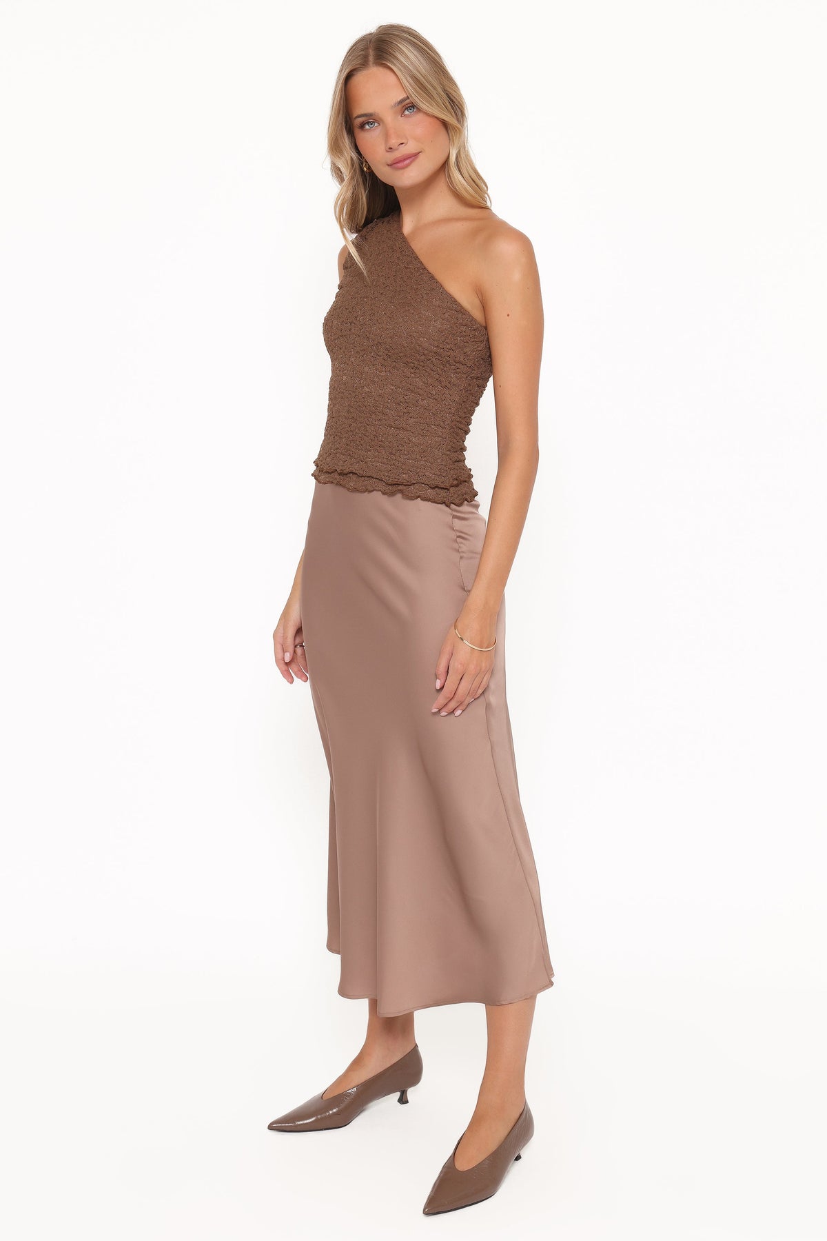 Natalia Satin Midi Skirt - Mocha Brown