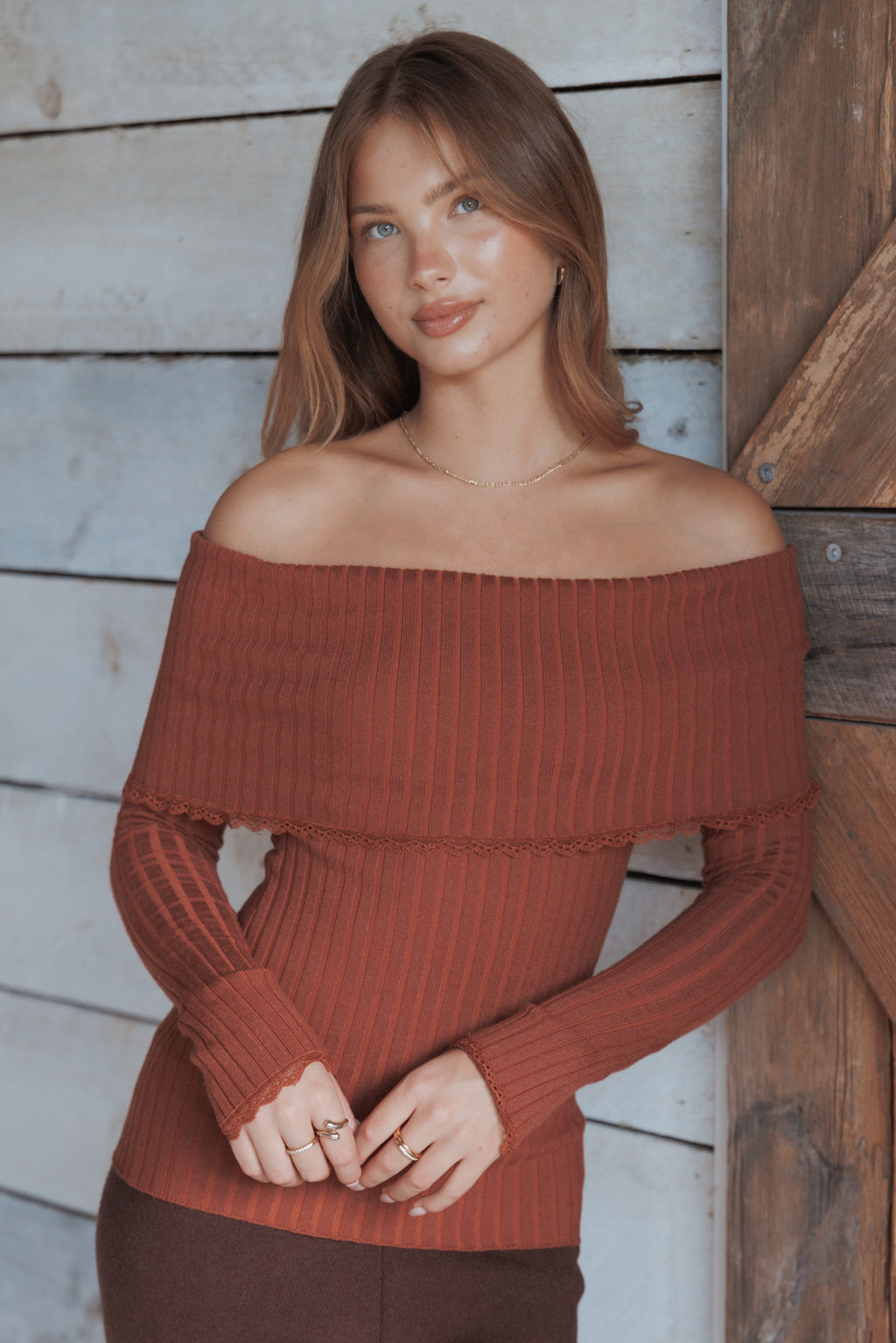 Nicky Off Shoulder Pointelle Top - Burgundy