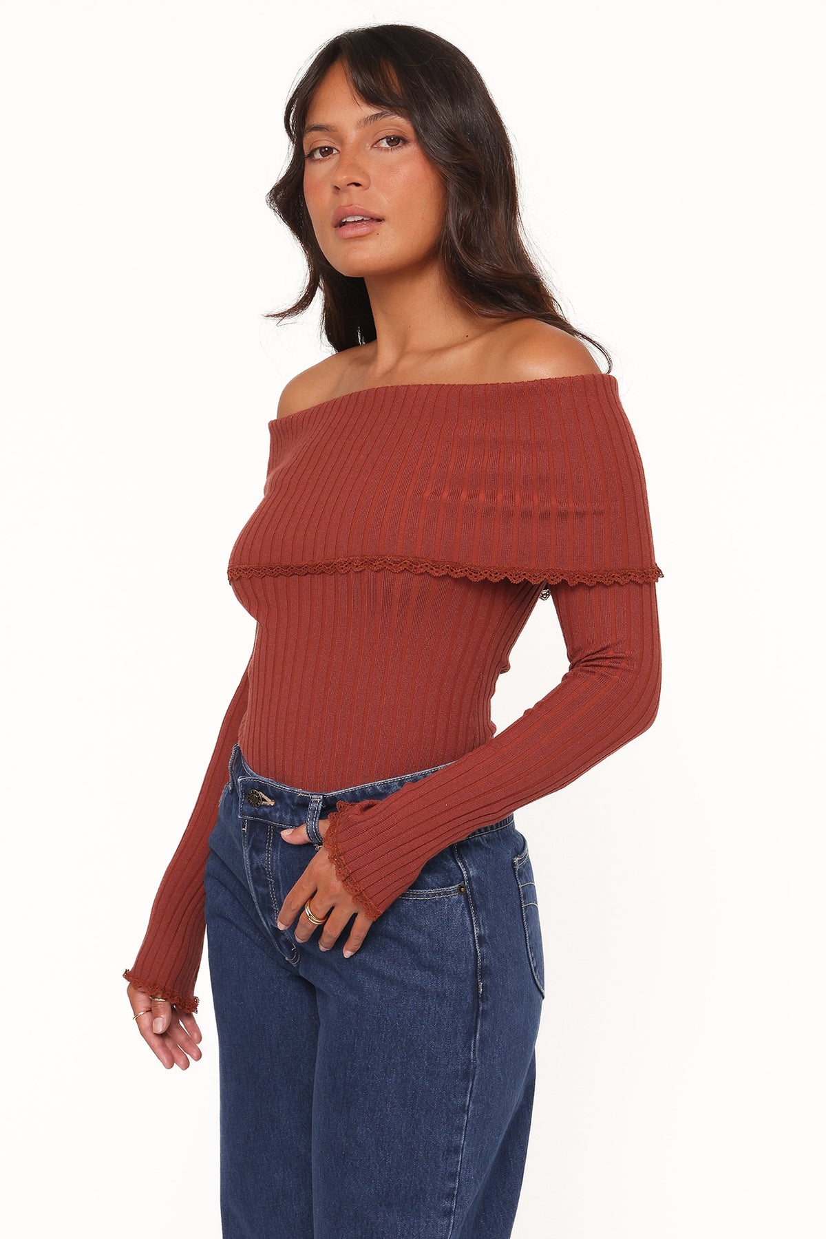 Nicky Off Shoulder Pointelle Top - Burgundy