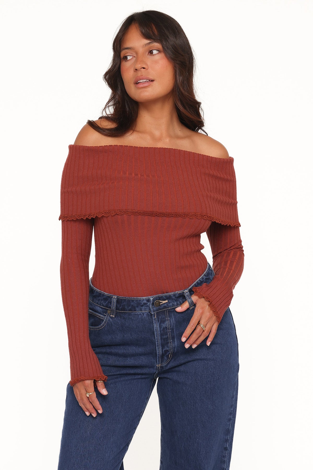 Nicky Off Shoulder Pointelle Top - Burgundy