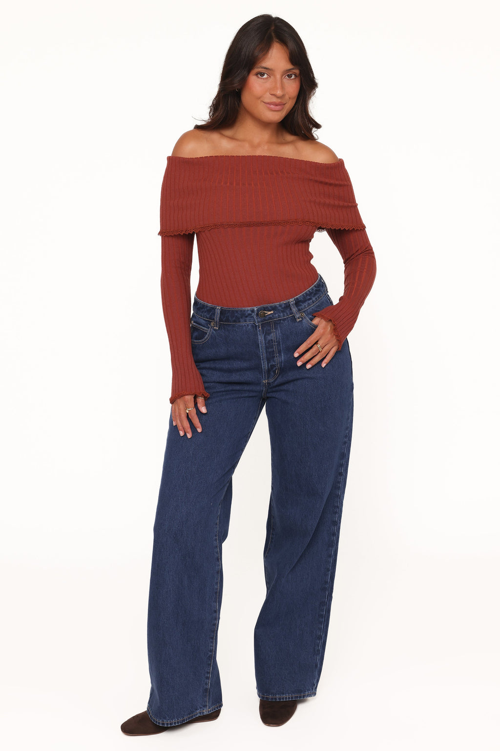 Nicky Off Shoulder Pointelle Top - Burgundy