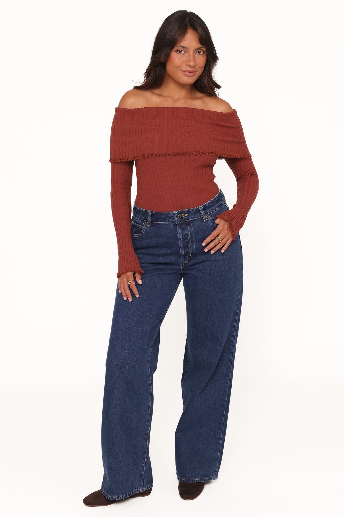 Nicky Off Shoulder Pointelle Top - Burgundy