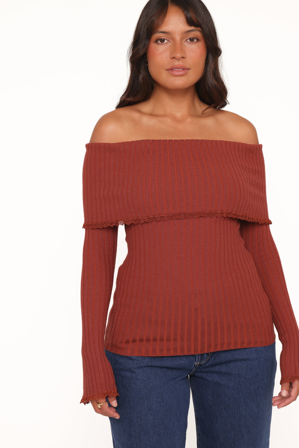 Nicky Off Shoulder Pointelle Top - Burgundy